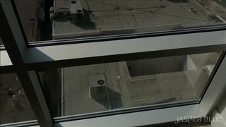 jasper blue openwork wench in stockings coyly changes poses and strokes shaved pussy